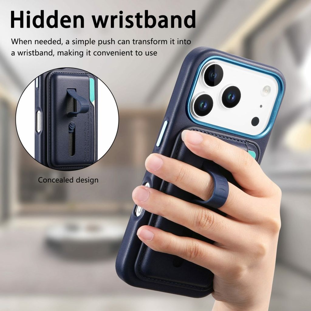 iPhone 17 Pro Max MagSafe Lommebokdeksel med Finger-Ring Stropp – Mørkblå