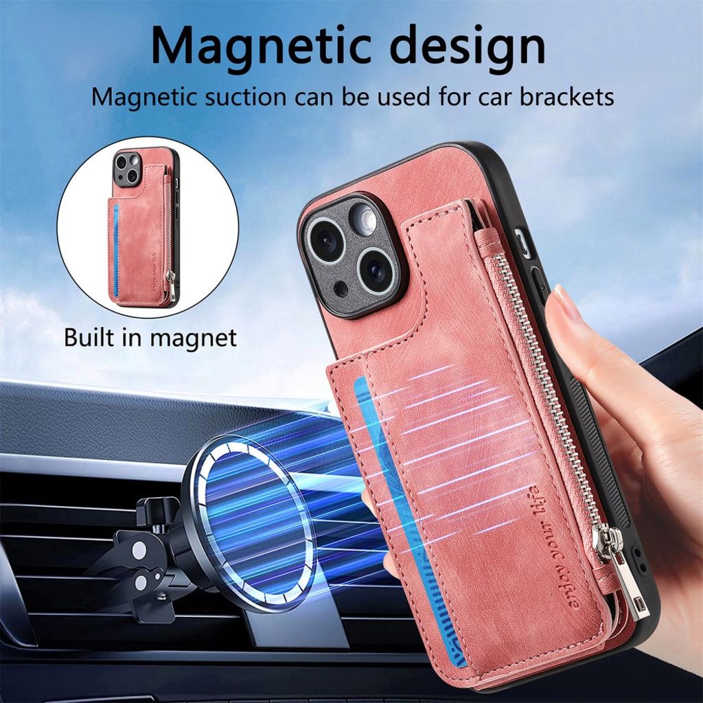 iPhone 14 Pungcover med Kortholder og Stativ - Lyserød