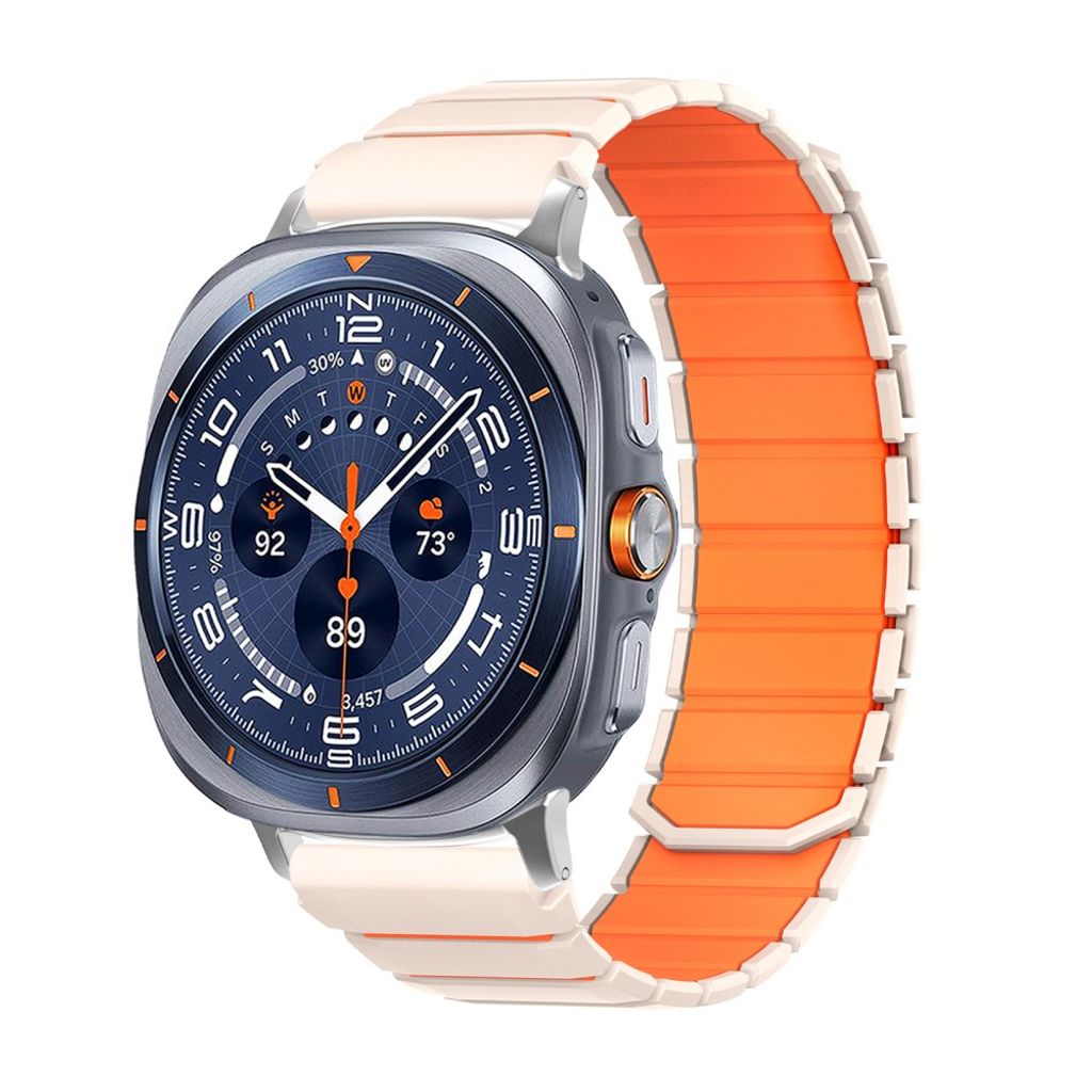 Samsung Galaxy Watch9/9 Classic/8/8 Classic Tofarget magnetisk silikon klokkerem - Hvit/oransje