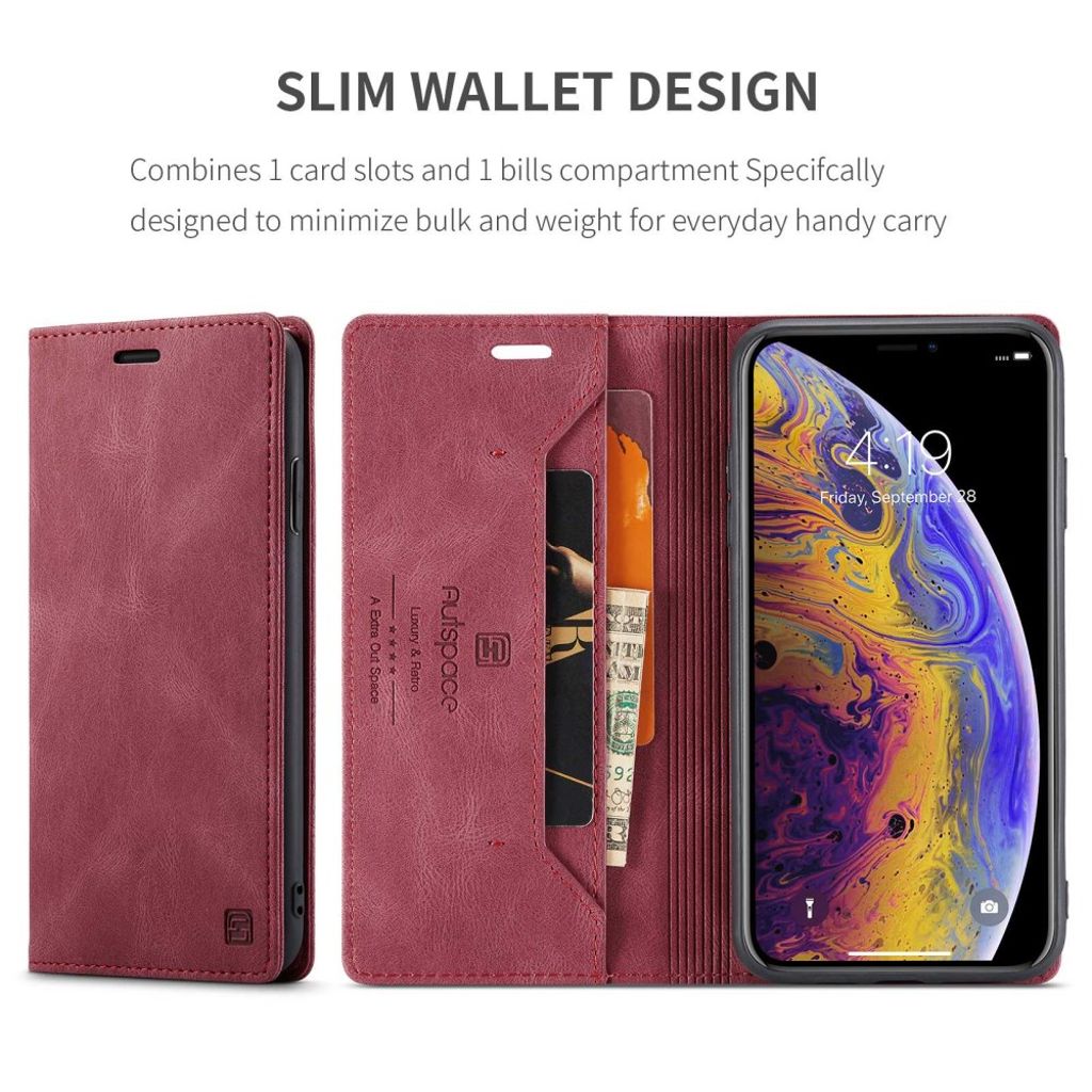 AUTSPACE iPhone X/XS Plånboksfodral RFID-blockerande Stativ – Röd