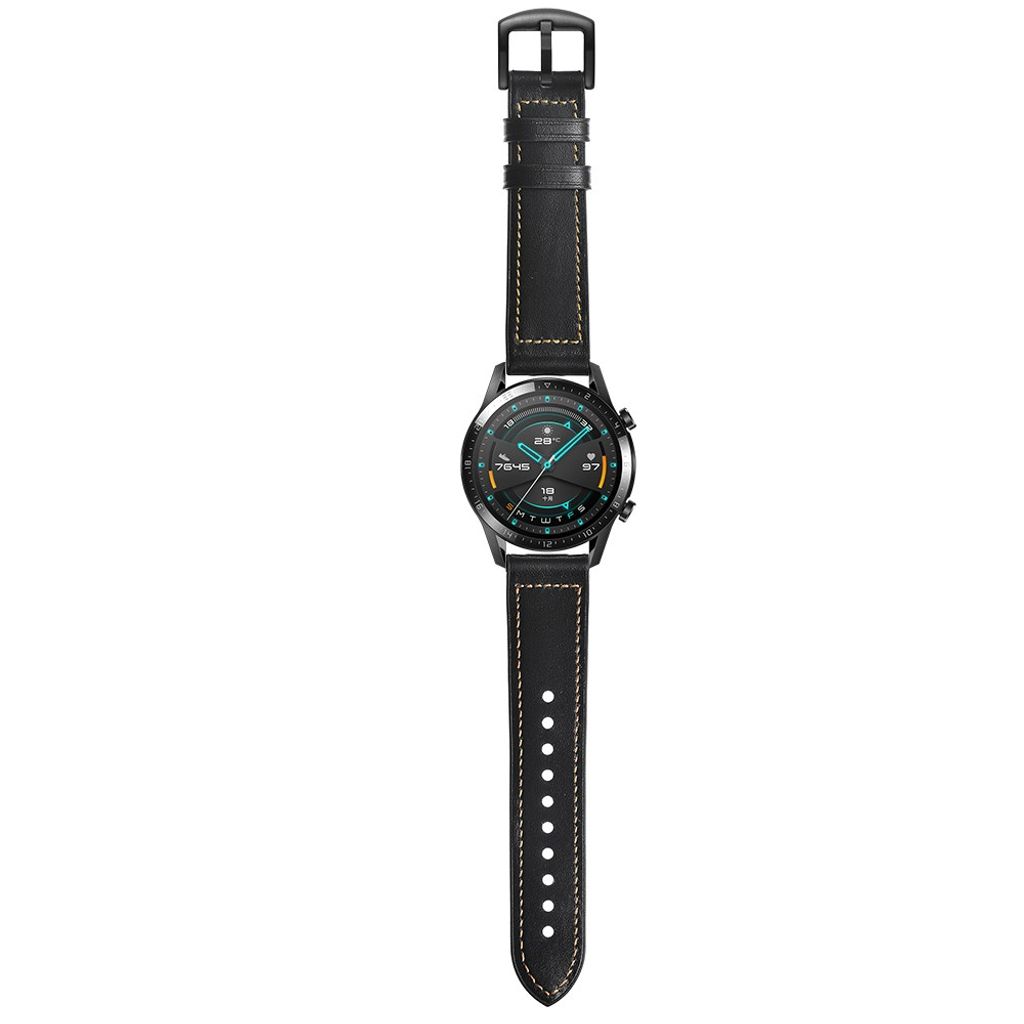 Huawei Watch GT/GT 2 jne. Kellon ranneke aitoa nahkaa/silikonia – musta
