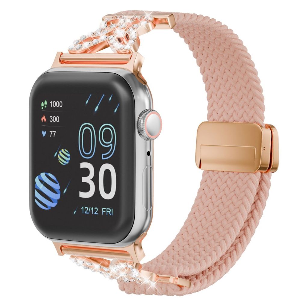 Apple Watch 42/41/40/38mm Flätat Klockarmband i Nylon med Strass - Rosa