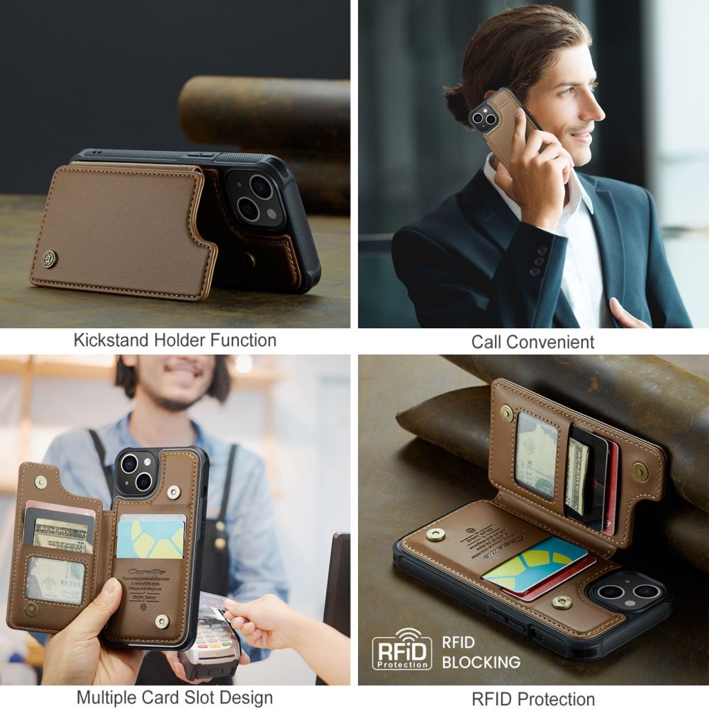 CASEME C22 iPhone 15 Wallet Case RFID Blocking Card Holder - Brown