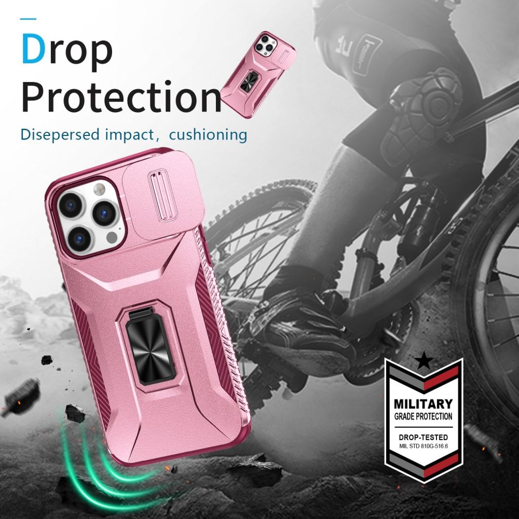 iPhone 14 Pro Max Skal med Skjutbart Kameraskydd & Stativ – Rosa