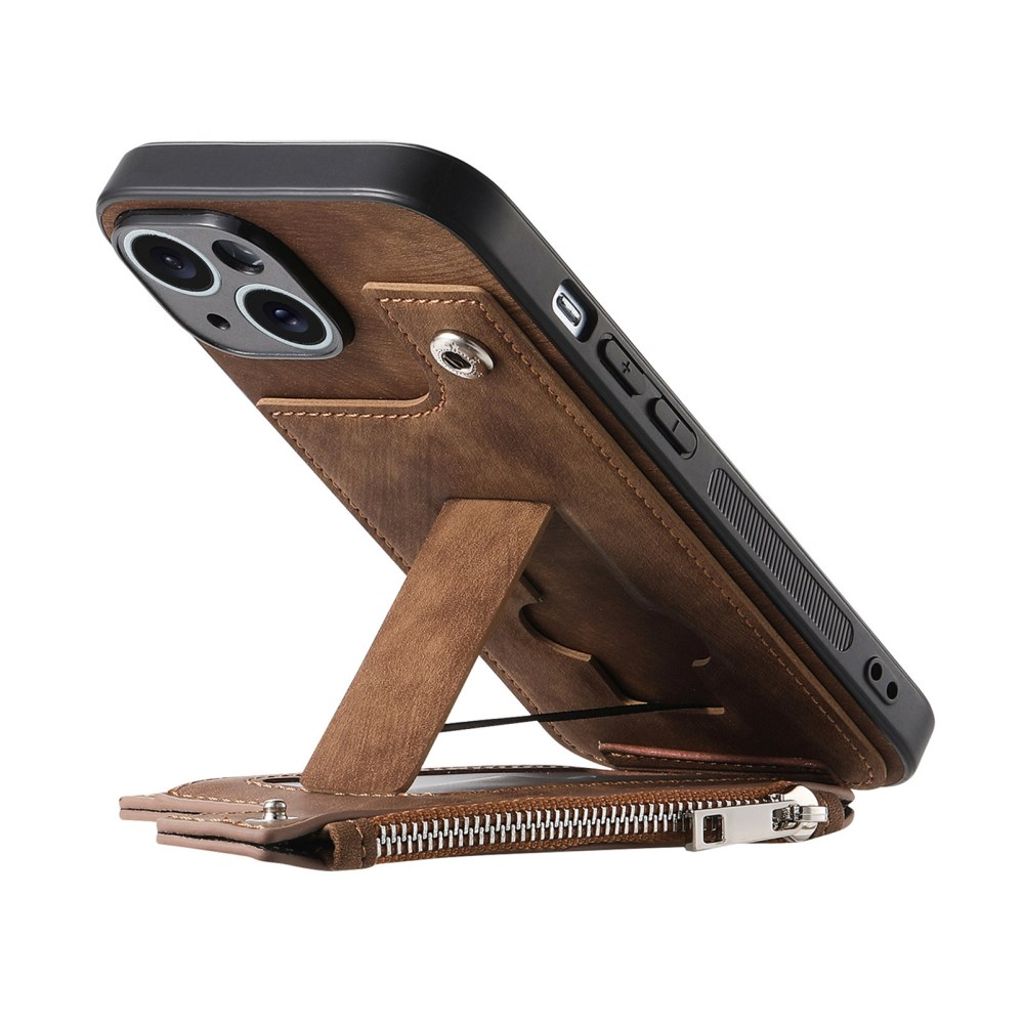 iPhone 14 Cover med Kortholder og Stativ - Brun