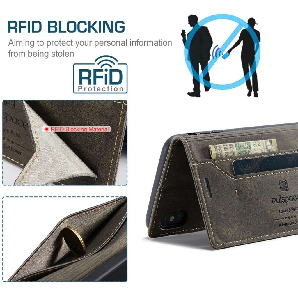 AUTSPACE A01 Series Plånboksfodral till iPhone X/XS RFID Stativ – Brun