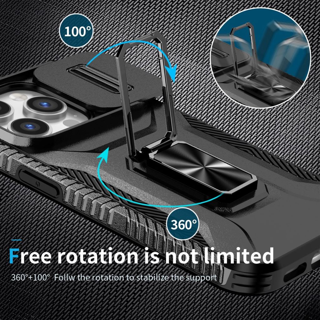 iPhone 14 Pro Skal med Ringstativ och Kameraskydd - Svart