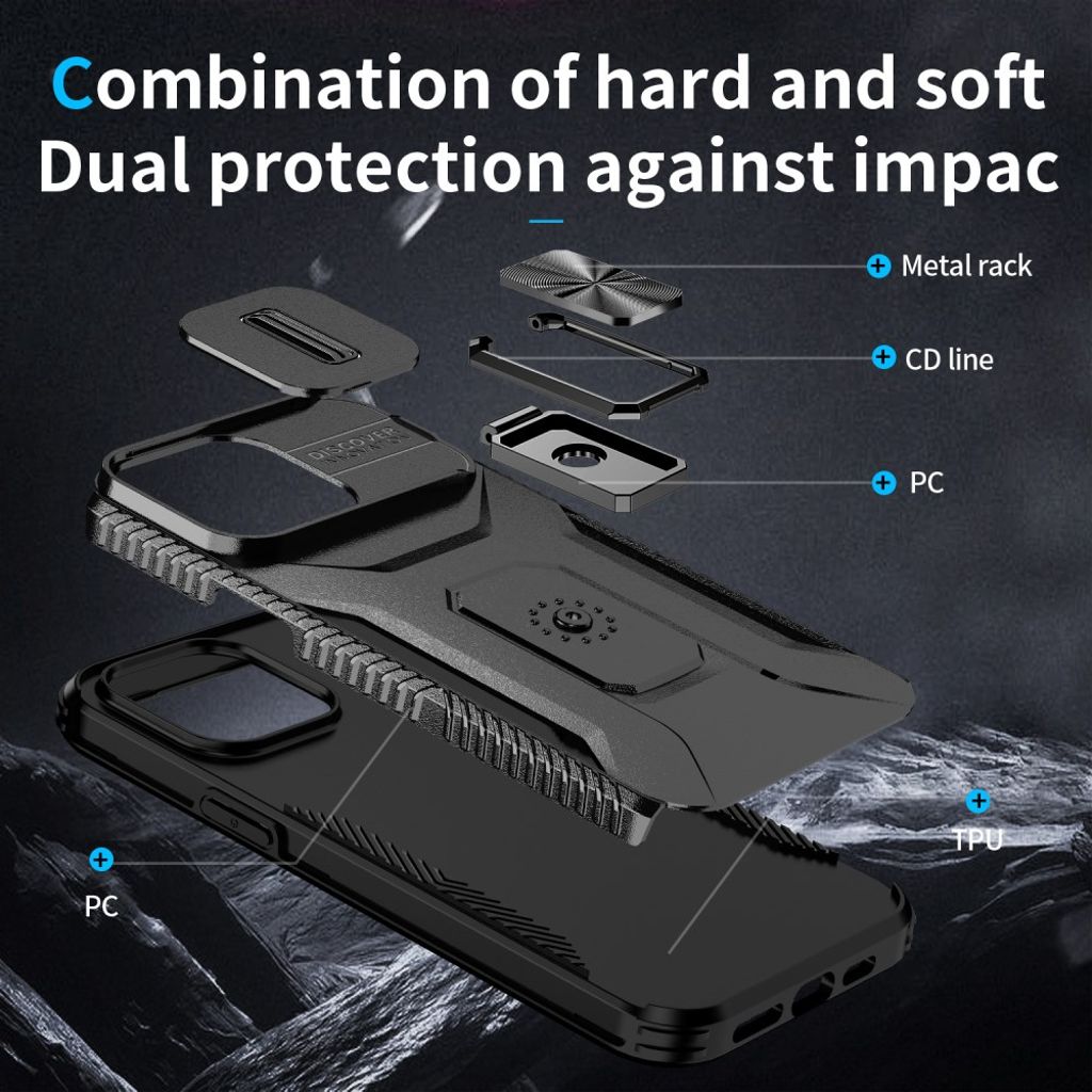 iPhone 14 Pro Max Case Kickstand Sliding Lens Cover – Black