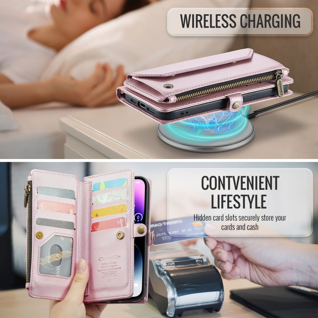 CASEME iPhone 14 Pro Max Pungcover RFID-blokerende Stativ – Lyserød