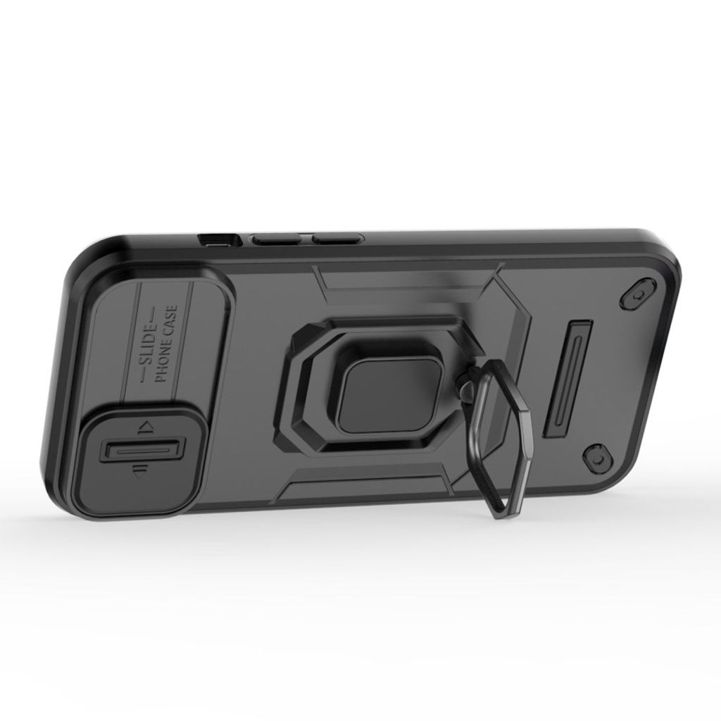 iPhone 14 Cover med kameralinsebeskyttelse og stativ – Sort