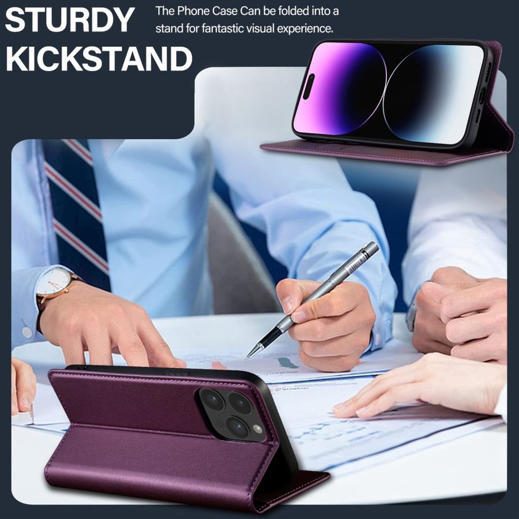 LC.IMEEKE iPhone 15 Pro Wallet Cover Stand PU Leather - Purple