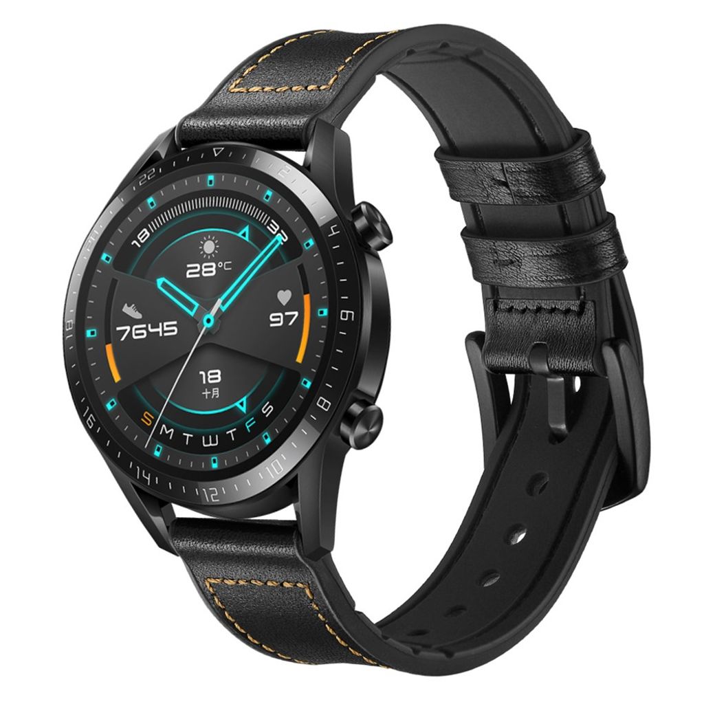 Huawei Watch GT/GT 2 jne. Kellon ranneke aitoa nahkaa/silikonia – musta
