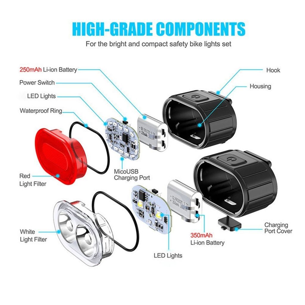 LED Cykkellampa set fram & bak, uppladdningsbar USB