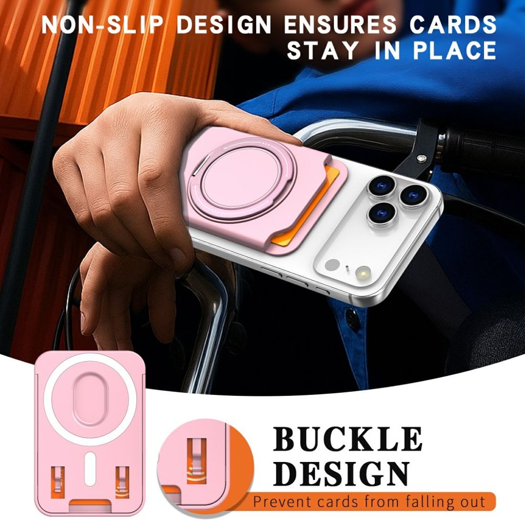 Magnetisk kortholder til mobiltelefon med ringstativ - rosa