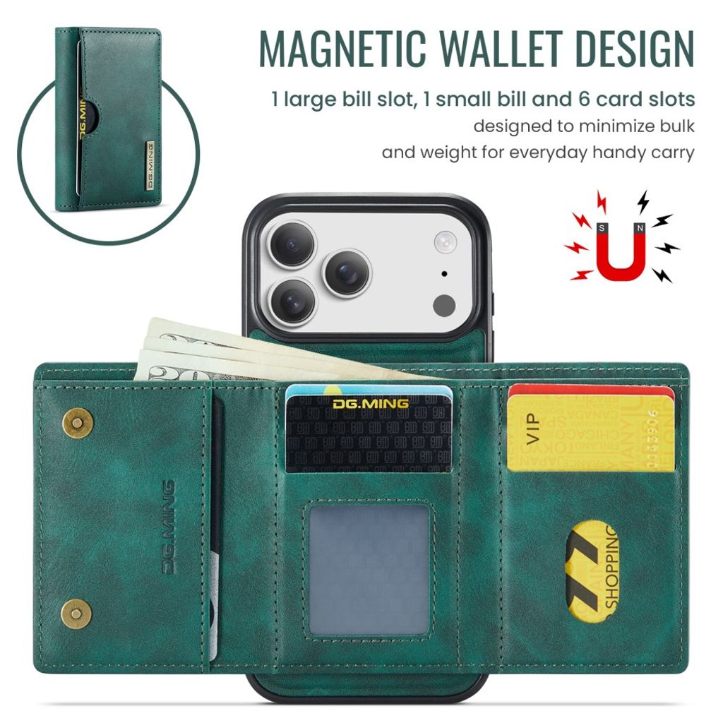DG.MING iPhone 18 Pro/17 Pro Deksel med Magnetisk Lommebok - Grønn