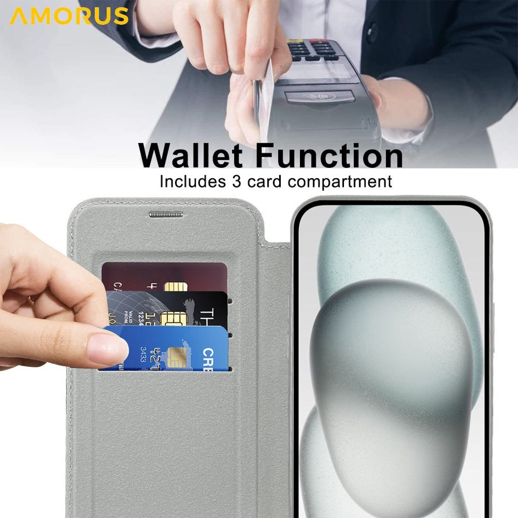 AMORUS iPhone 14 MagSafe RFID Kortholder Pungetui - Titan grå