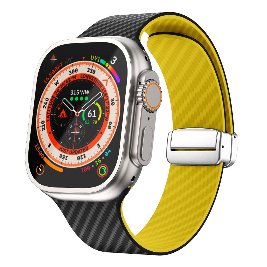 Apple Watch 49 / 46 / 44 / 42mm Klockarmband kolfibertextur - Svart/Gul