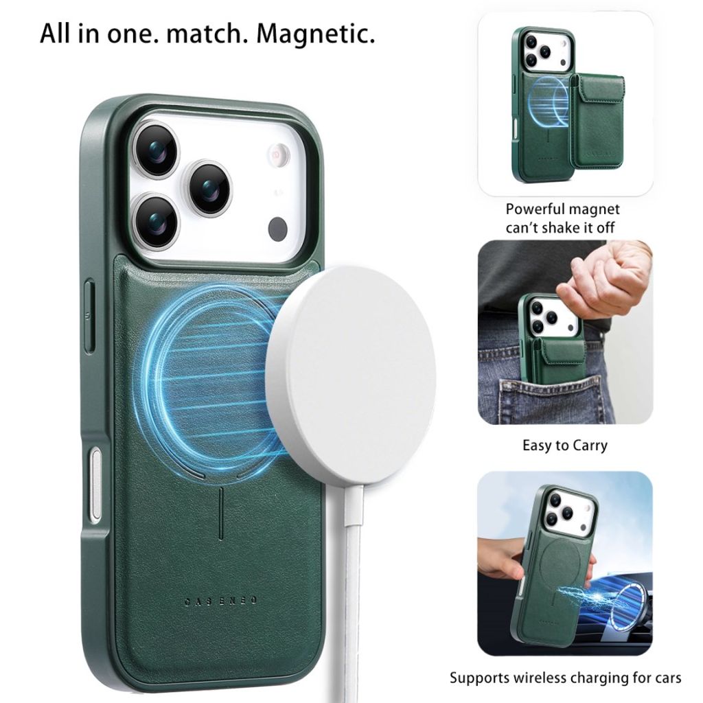 CASENEO iPhone 18 Pro/17 Pro Deksel MagSafe Avtakbar Kortholder - Grønn