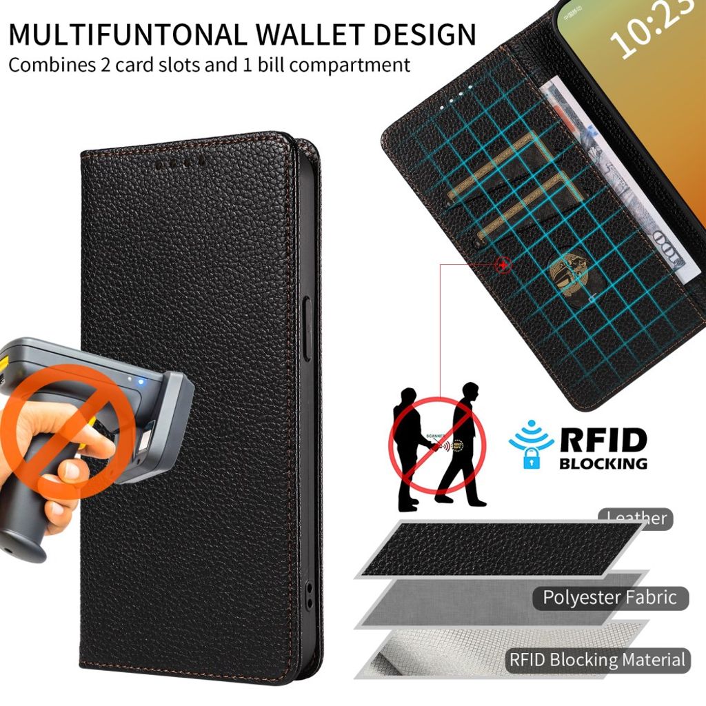 iPhone 14 Pro Lompakkokotelo RFID-estävällä ja jalustalla - Musta