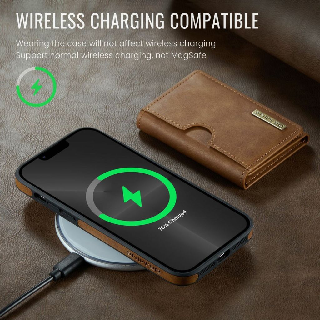 DG.MING iPhone 13 Pro Lompakkokuori RFID-estävällä Jalustalla – Ruskea