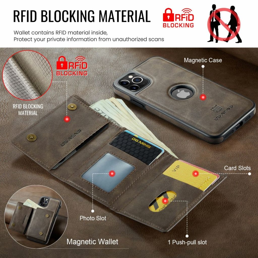 DG.MING iPhone 11 Pro Max Lompakkokuori Magneettinen RFID – Kahvinruskea