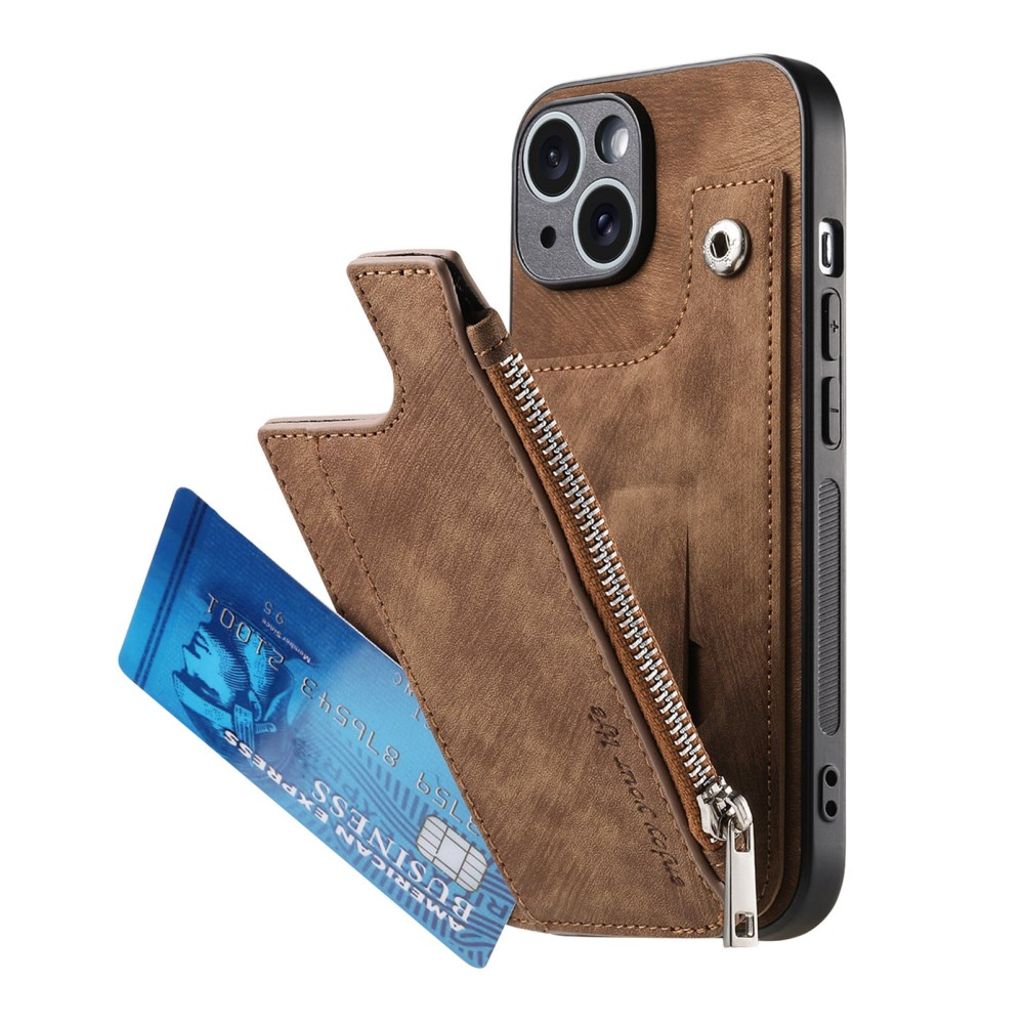 iPhone 14 Cover med Kortholder og Stativ - Brun