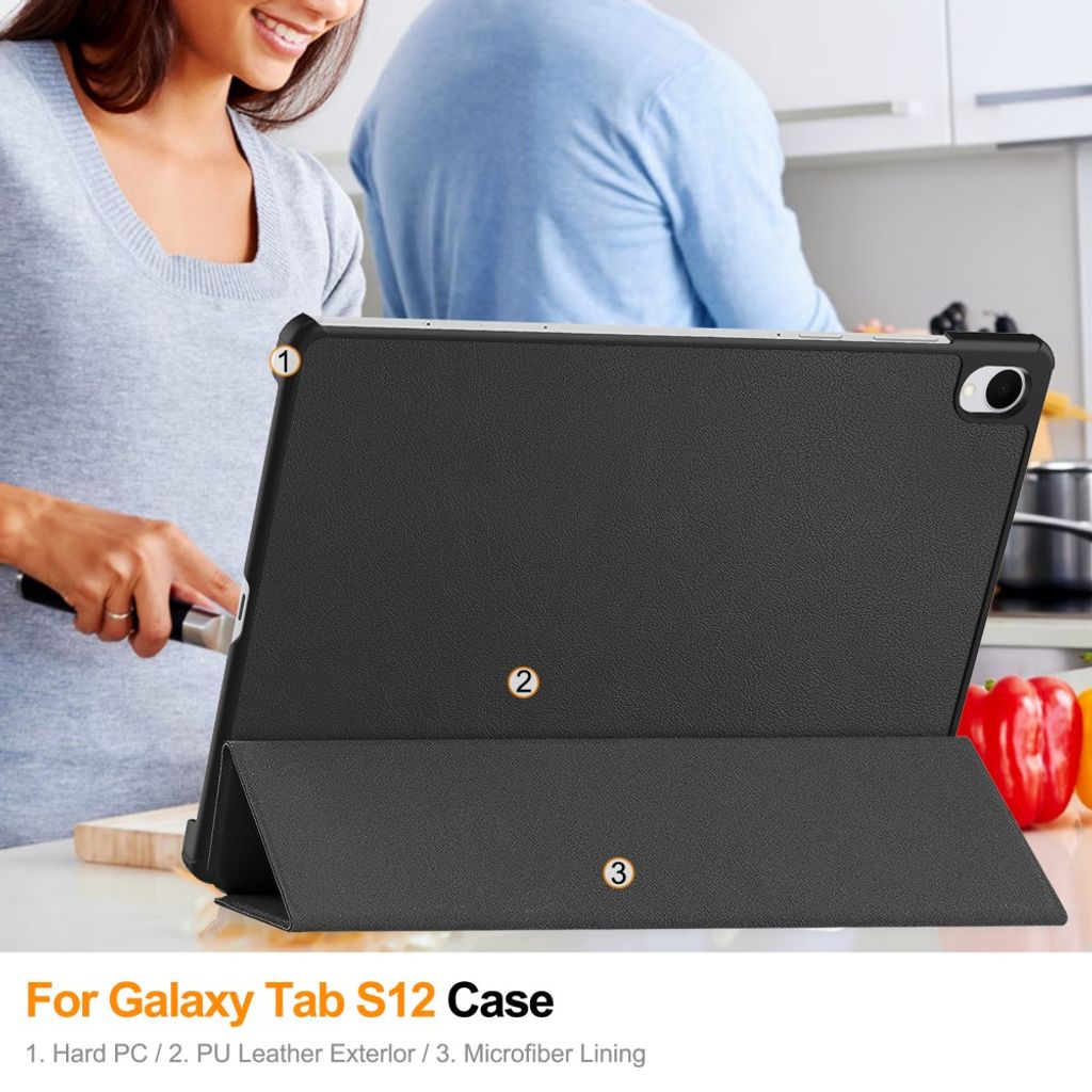Samsung Galaxy Tab S12 Plus Slimmat Tri-fold stativfodral - Svart