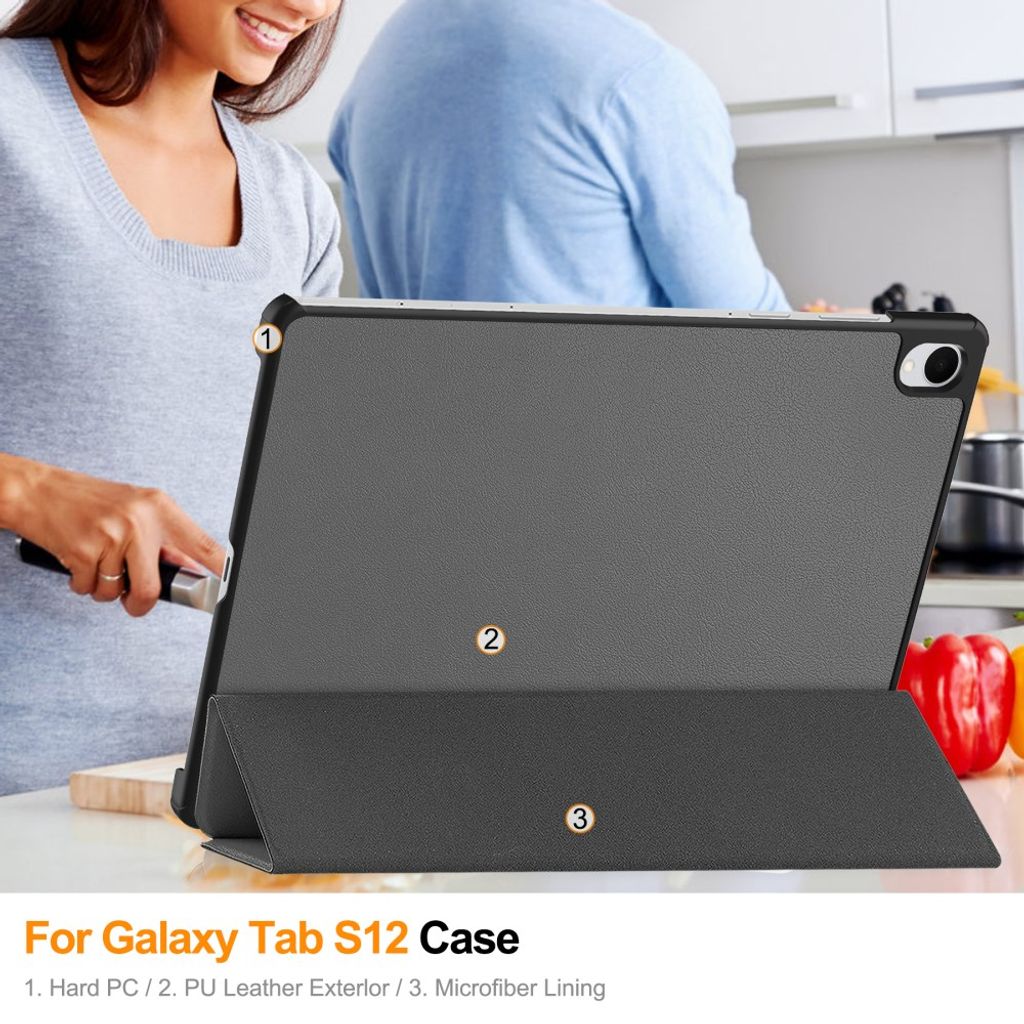 Samsung Galaxy Tab S12 Plus Slimmat Tri-fold stativfodral - Grå