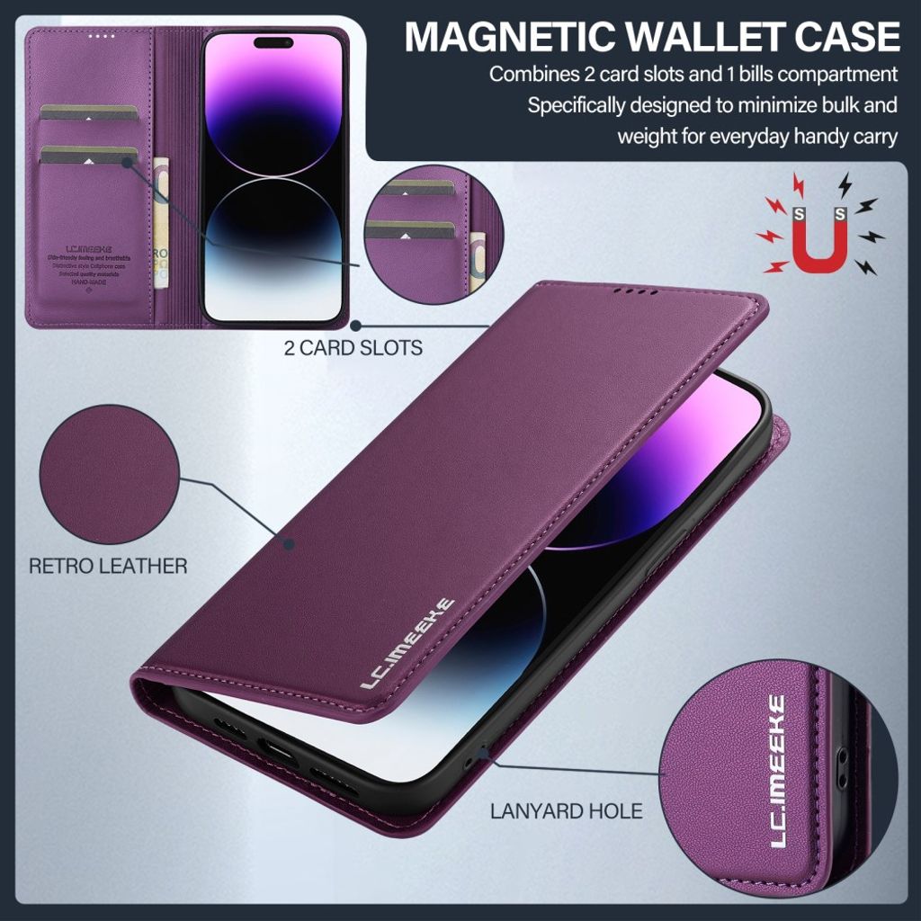 LC.IMEEKE iPhone 14 Pro Max Wallet Cover Stand - Purple