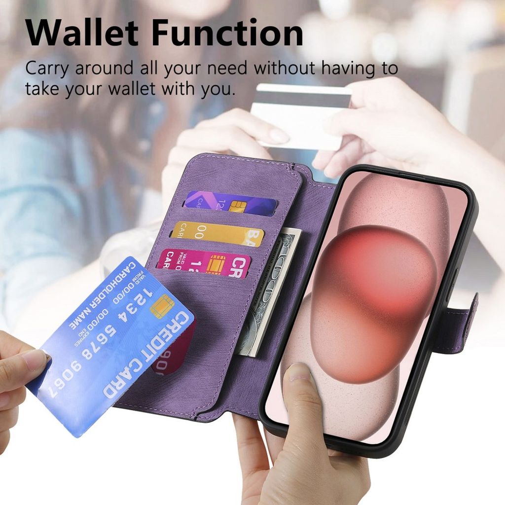 CASENEO iPhone 14 Plus Avtakbar Lommeboketui PU-lær/TPU - Lilla