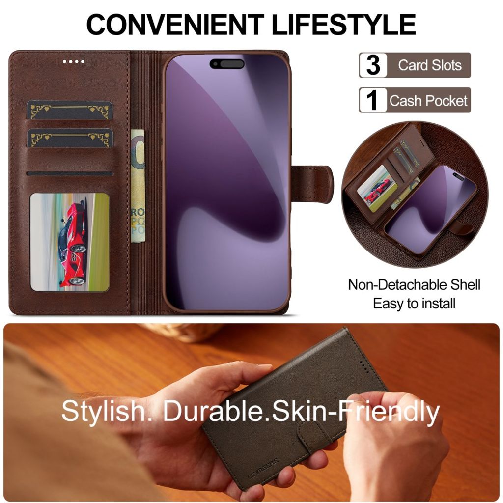 LC.IMEEKE iPhone 17 Pro Wallet Cover with Stand - Brown