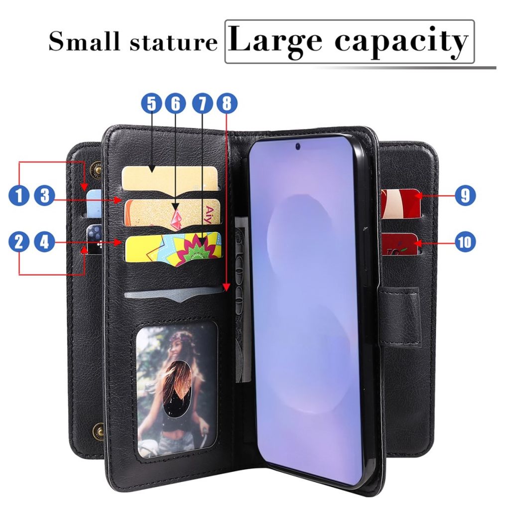 Samsung Galaxy S26 Plus Pungetui med 10 Kortholdere og Stativ - Sort