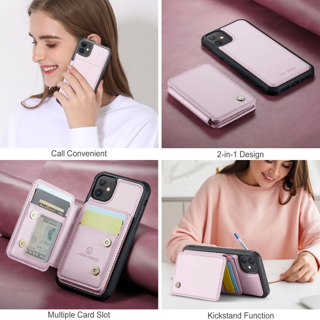 JEEHOOD iPhone 11 Lompakkokuori irrotettavalla kortin haltijalla – Vaaleanpunainen
