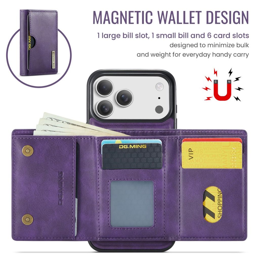 DG.MING iPhone 18 Pro Max/17 Pro Max Deksel med Magnetisk Lommebok - Lilla