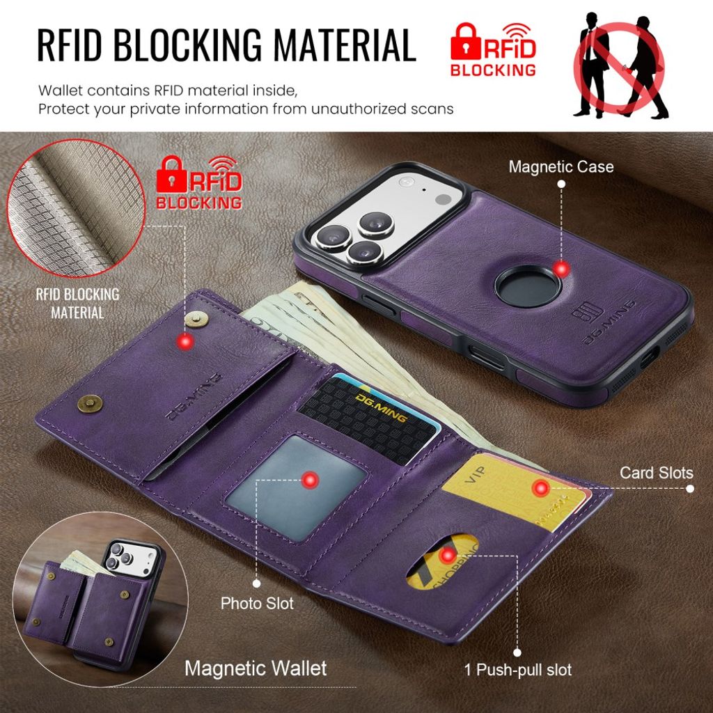 DG.MING iPhone 18 Pro Max/17 Pro Max Deksel med Magnetisk Lommebok - Lilla