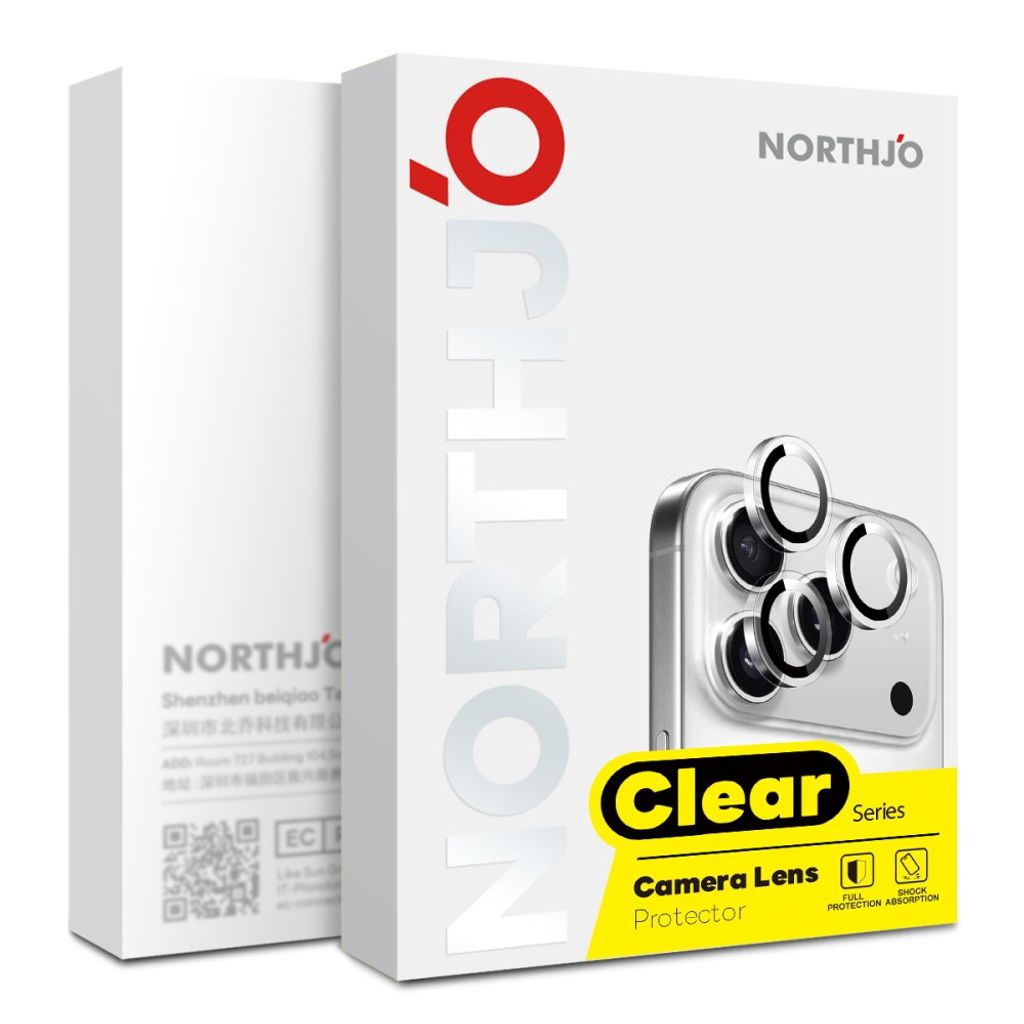 NORTHJO iPhone 18 Pro/18 Pro Max -linssinsuoja karkaistusta lasista, metallirengas - läpinäkyvä