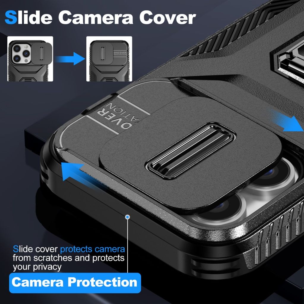 iPhone 14 Pro Skal med Ringstativ och Kameraskydd - Svart