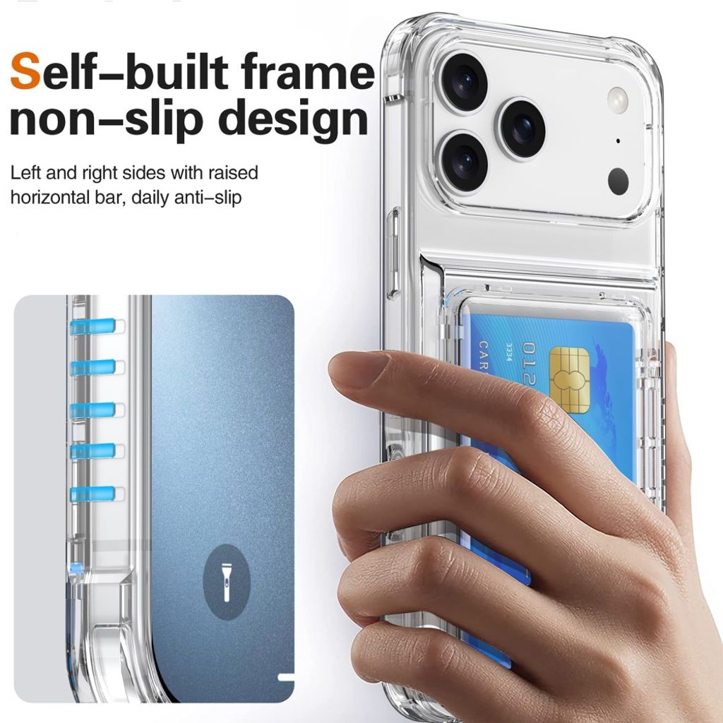 iPhone 17 Pro Max Skal med stativ och kortfack – Transparent