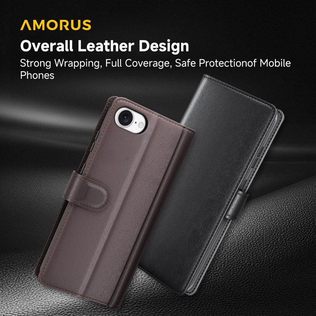AMORUS iPhone 16e Wallet Cover Stand Real Leather - Black