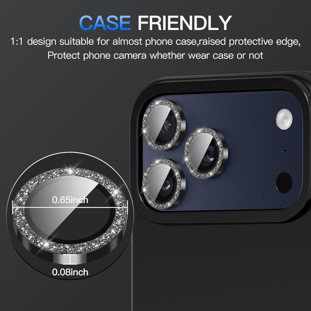 iPhone 18 Pro Linsskydd Metallring Härdat Glas Glitter - Svart