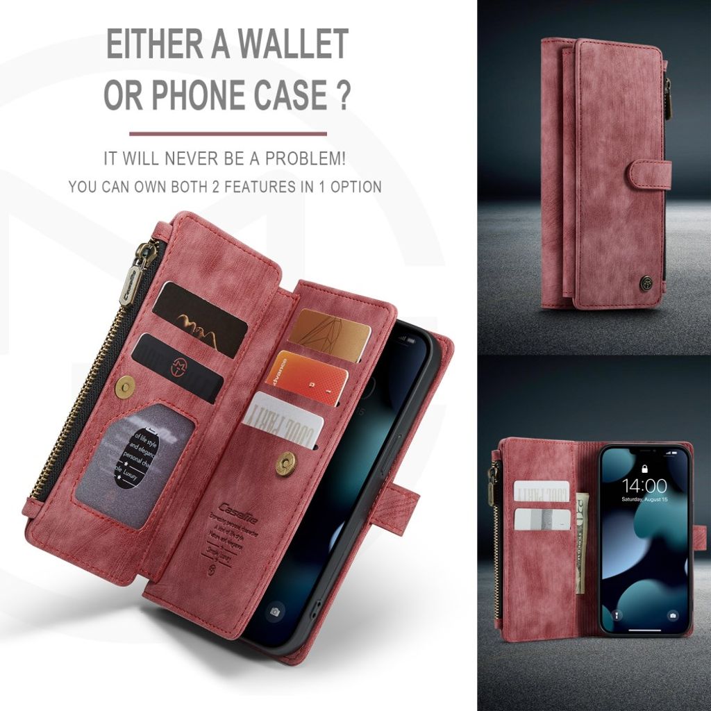CASEME iPhone 13 Wallet Cover Card Holder Strap PU Leather - Red