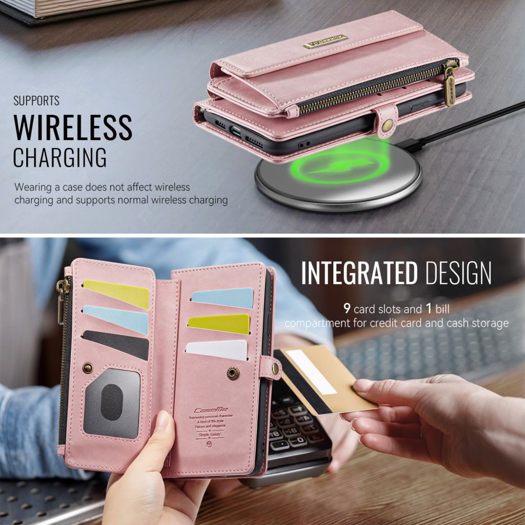 CASEME iPhone XR Plånboksfodral RFID Dragkedja Stativ med Rem – Rosa