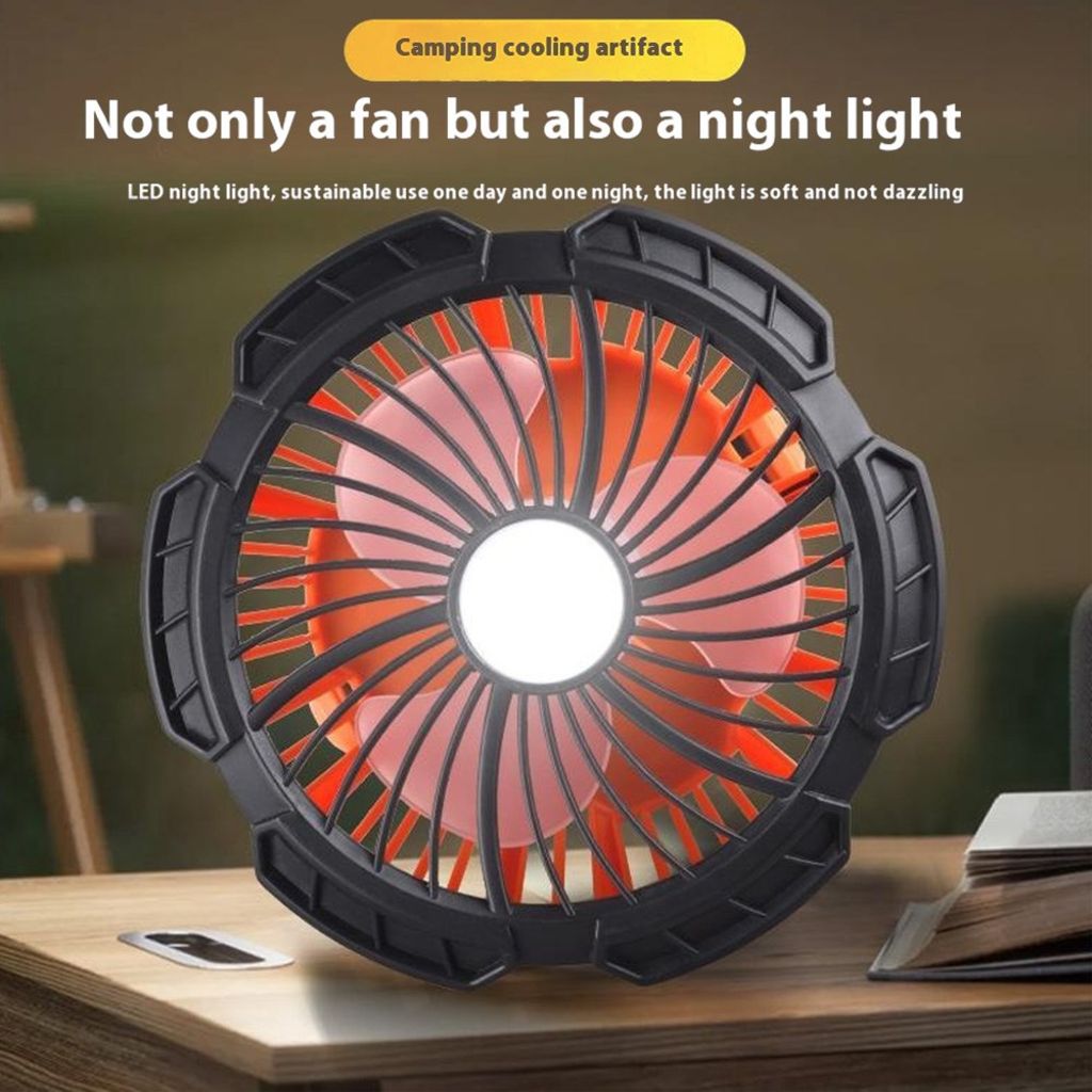 3-i-1 campingfläkt med LED-belysning och powerbank – Orange