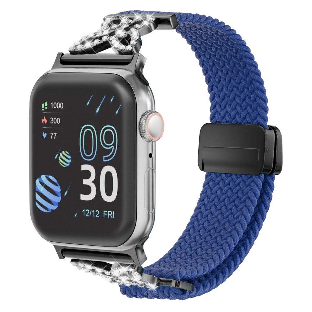 Apple Watch 42/41/40/38mm Flätat Klockarmband i Nylon med Strass - Blå