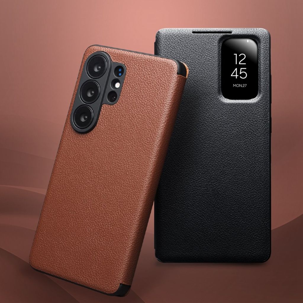 QIALINO Samsung Galaxy S26 Ultra etui med visningsvindu i ekte skinn – svart