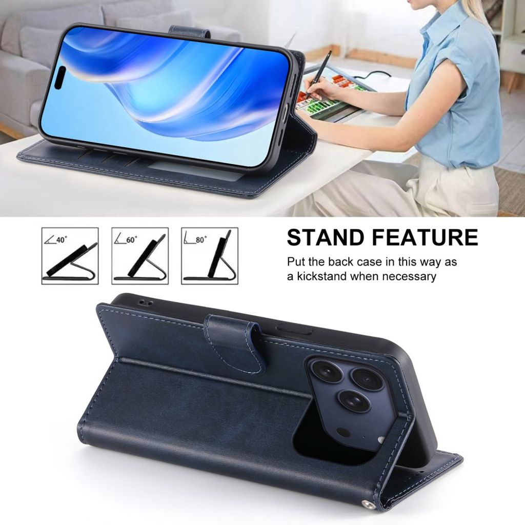 iPhone 18 Pro/17 Pro Plånboksfodral PU-läder med handledsrem – Blå