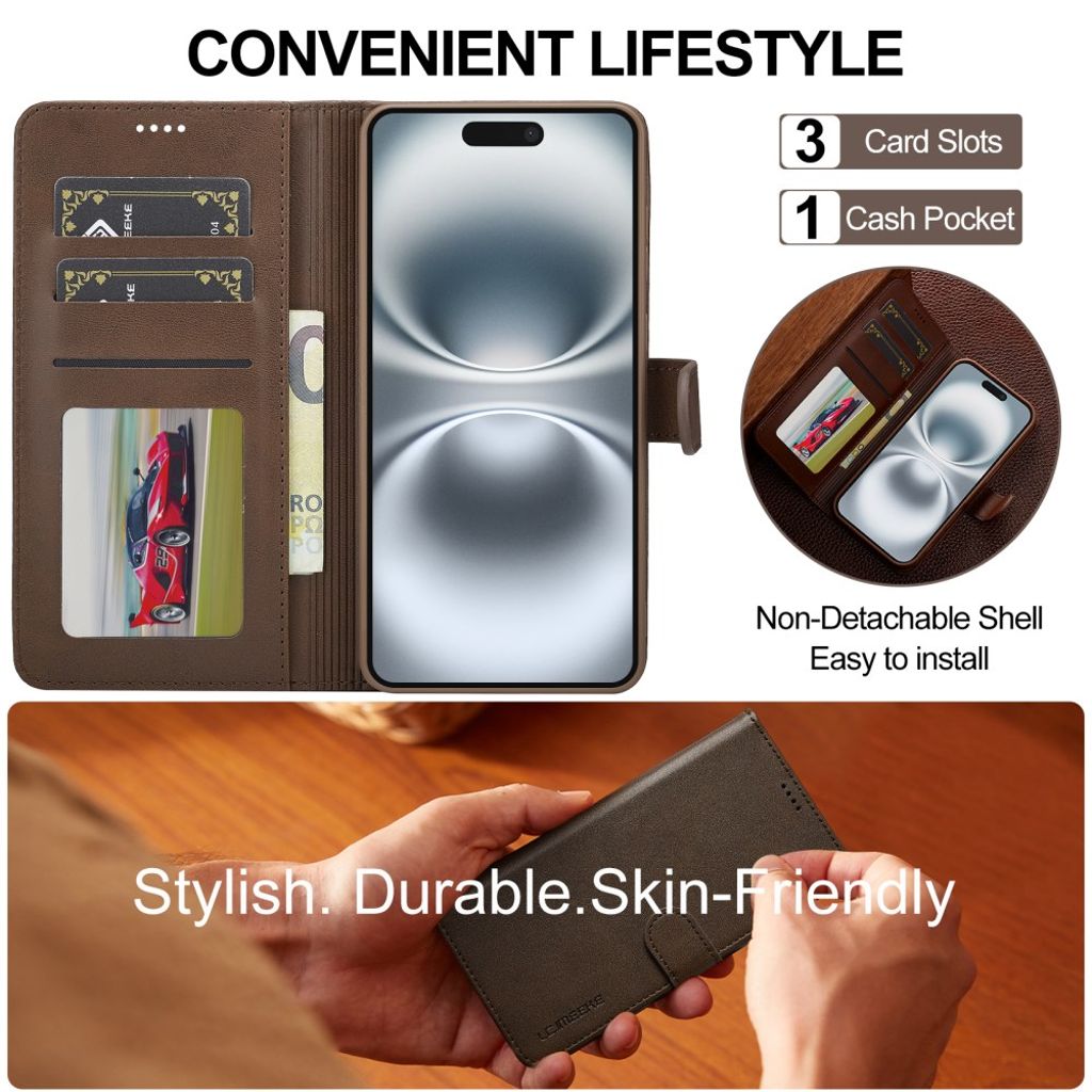 LC.IMEEKE iPhone 17 Wallet Cover with Stand - Brown