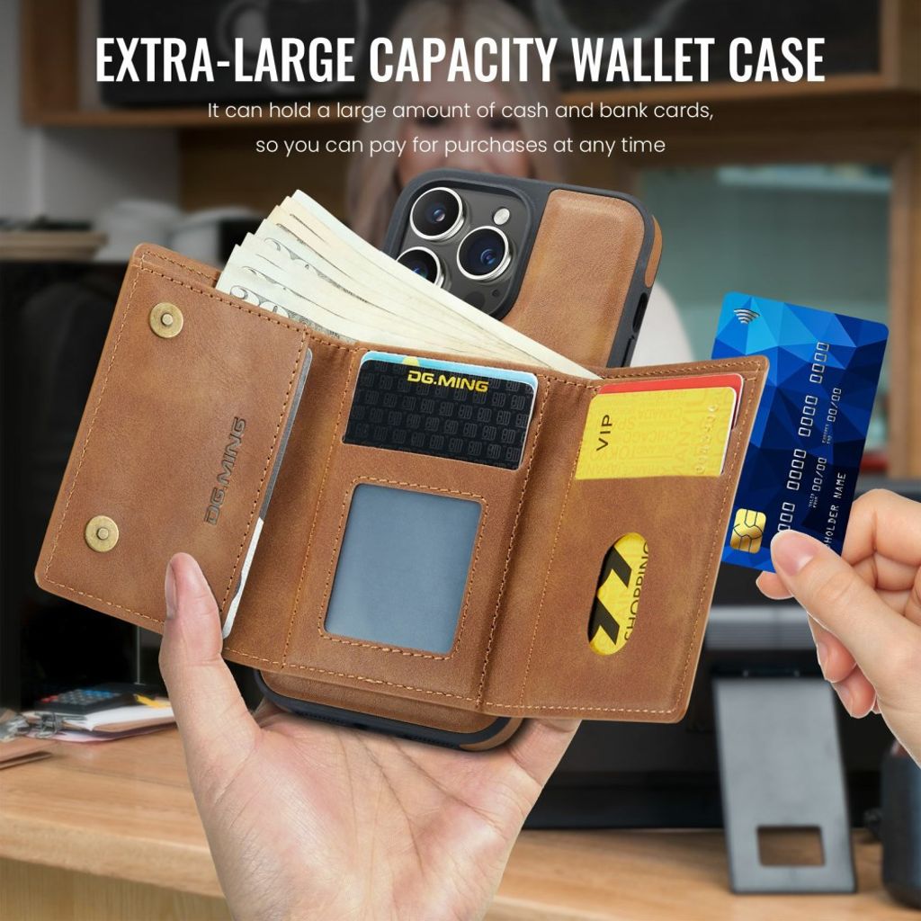 DG.MING iPhone 13 Pro Lompakkokuori RFID-estävällä Jalustalla – Ruskea