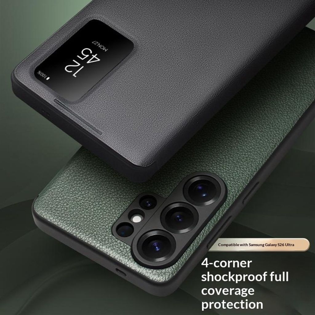 QIALINO Samsung Galaxy S26 Ultra etui med visningsvindu i ekte skinn – svart