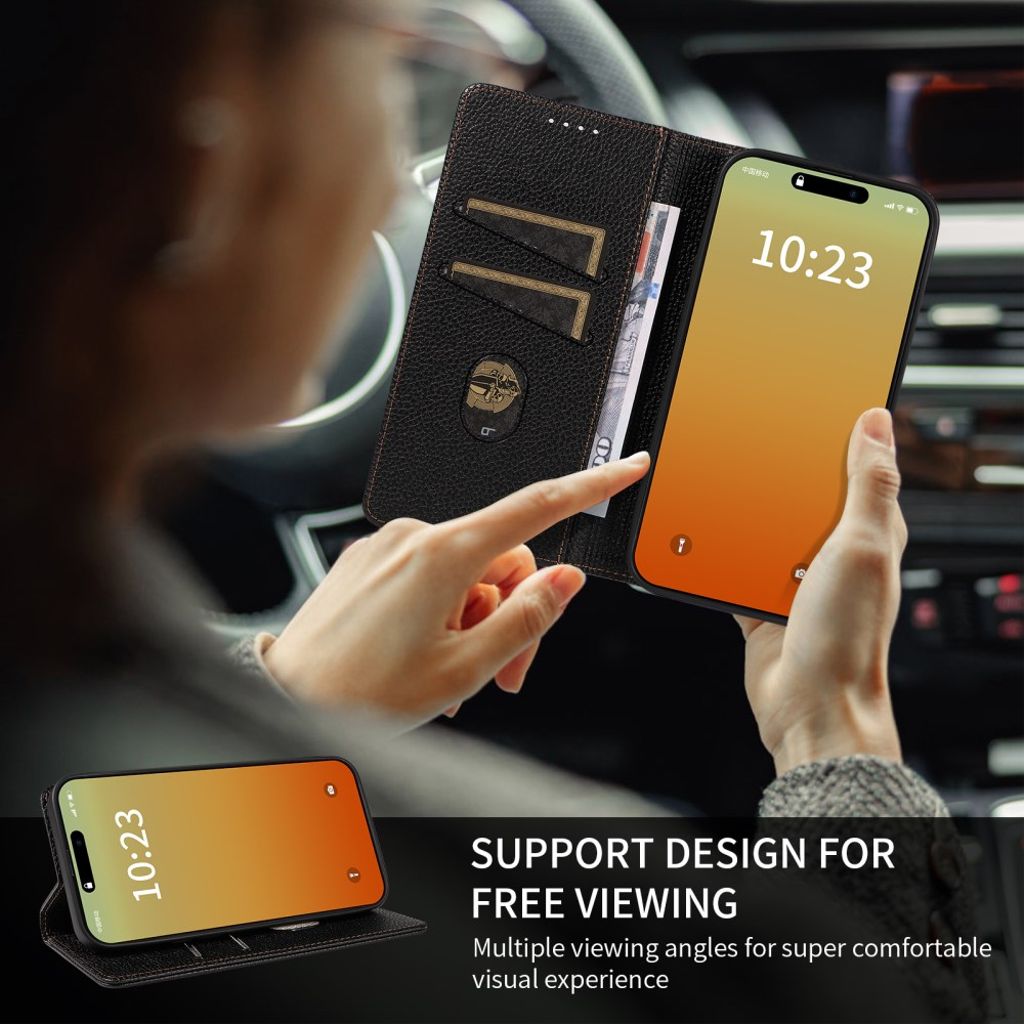 iPhone 14 Pro Lompakkokotelo RFID-estävällä ja jalustalla - Musta